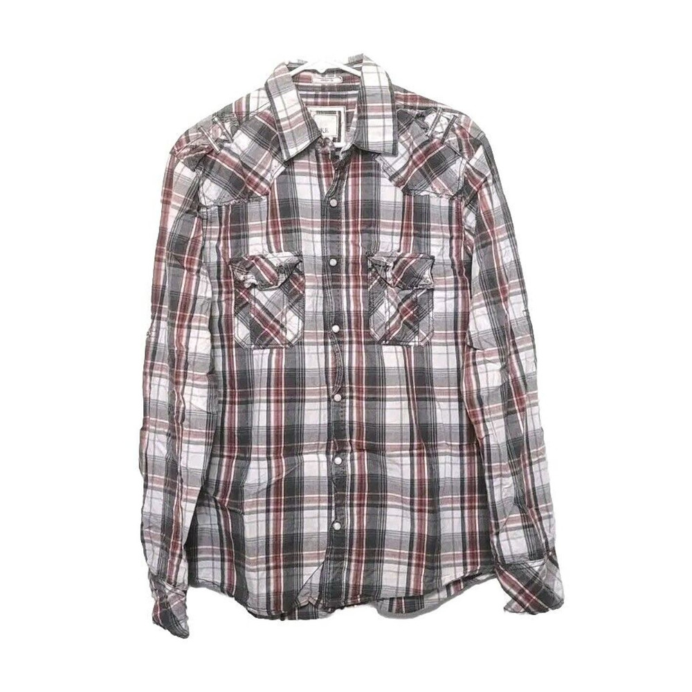BKE Buckle Athletic Fit Pearl Snap Western Shirt Mens Size M Orange Gray Plaid